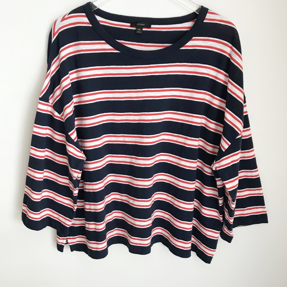 J Crew Cotton Nautical Stripe Tee Top XXL Three Quarter Sleeves Blue Red White